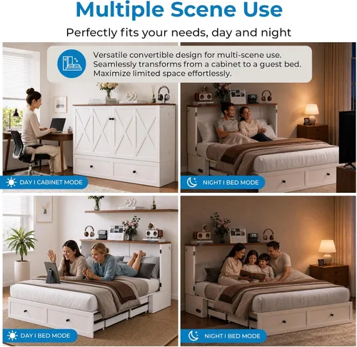Vista 5 de Mjkone Murphy - Cama de armario con colchón plegable de tres pliegues, tamaño matrimonial, color blanco