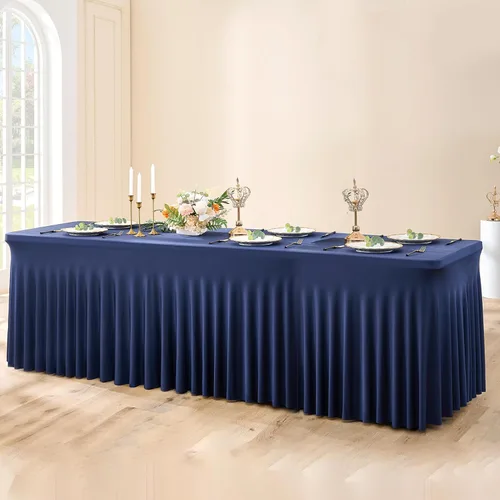 Vista 18 de Paquete de 3 Manteles de Spandex Azul Bebé para Mesas Rectangulares de 6 Pies, Falda de Mesa Azul Elástica Ajustada de 6 Pies para Fiestas de Boda
