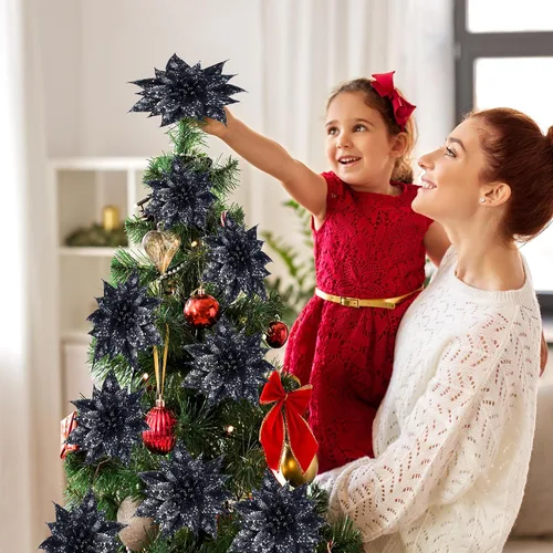 Vista 4 de Sggvecsy 15 piezas de flores de Halloween con purpurina para Navidad, adornos de árbol de Navidad con flores de pascua brillantes, flores