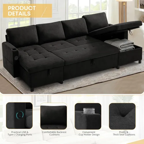 Vista 4 de Sofá cama extraíble de tela de 110 pulgadas con respaldos ajustables, sofá cama modular con puertos USB y 2 soportes para tazas, sofá tapizado