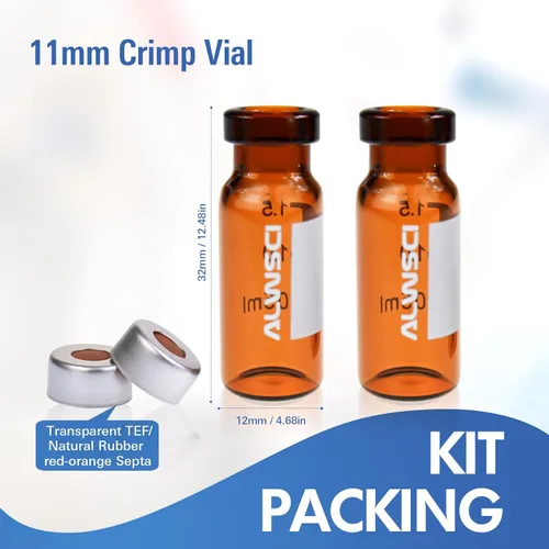 Vista 2 de ALWSCI Viales de muestreo automático de 0.1 fl oz, viales de cuello de crimpado ámbar ND11, vial GC HPLC de apertura ancha con graduación, sellos