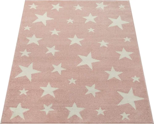 Vista 4 de Paco Home Alfombra moderna de pelo corto para niños, diseño de estrellas, para habitación infantil, color rosa pastel, blanco, tamaño: 2'8" x 4'11