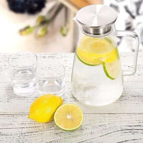 Vista 3 de Jarra de vidrio de borosilicato con tapa, 1.8L/60 onzas, resistente al calor, jarra de agua con asa para refrigerador, jarra grande de té helado