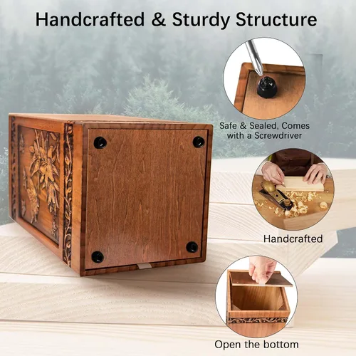 Vista 3 de Urnas de madera hechas a mano para cenizas humanas, adultos, machos y mujeres, 250 libras, grabadas con mariposa, caja de urna de cremación