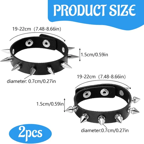 Vista 2 de Telooco 2 pulseras de espigas ajustables con tachuelas, pulseras emo negras con cierre seguro para Halloween, punk, regalo de padre