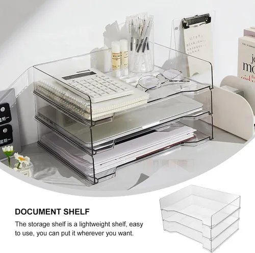 Vista 6 de Bandeja apilable de acrílico de 3 niveles, bandeja de acrílico transparente, caja de almacenamiento de documentos para oficina, espacio de trabajo