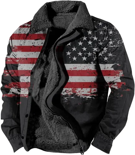 Vista 24 de LOAIHA Chaqueta de invierno para hombre, chaqueta de bandera estadounidense, abrigos occidentales para hombre, con cremallera, forro polar cálido
