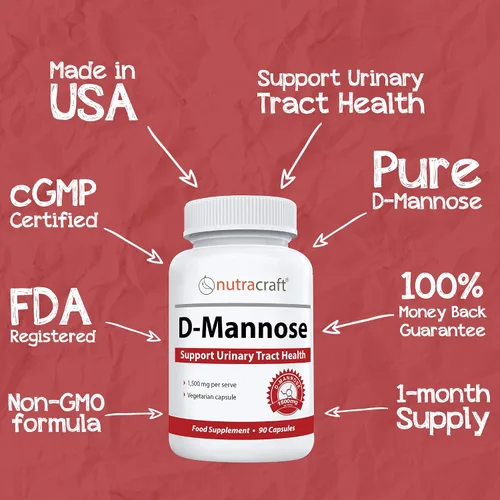 Vista 4 de Nutracraft Suplemento de D-manosa pura de 1500 mg para la salud urinaria y de la vejiga, sin conservantes ni gluten, fabricado en los Estados