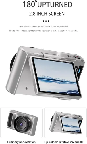 Vista 5 de Cámara digital 4K, 64MP, zoom 18X, enfoque automático, pantalla abatible de 2.8 pulgadas de 180°, cámara de vlogging para, compacta