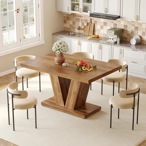 Vista 5 de LITTLE TREE Mesa de comedor de 47 pulgadas para 4, mesas de comedor modernas, mesa de cocina rectangular marrón con pedestal en forma de V, mesa