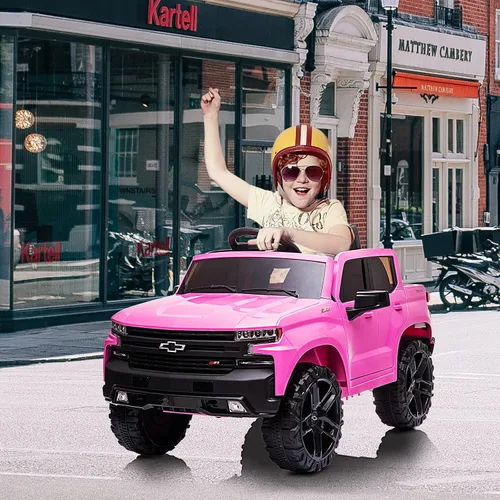 Vista 2 de Coche de batería de 12V para andar, camioneta para niños con licencia de Chevrolet Silverado GMC, vehículos eléctricos para niños pequeños con Rosa
