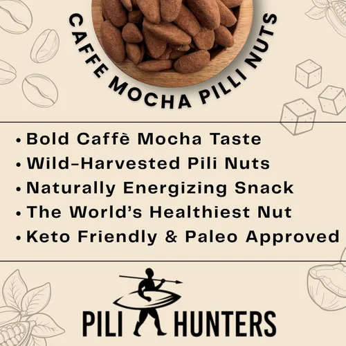 Vista 7 de Pili Hunters - Nueces de pili germinadas silvestres - Caffè Mocha bolsa de 4 onzas - Cacao crudo, azúcar de coco orgánico y café real para un