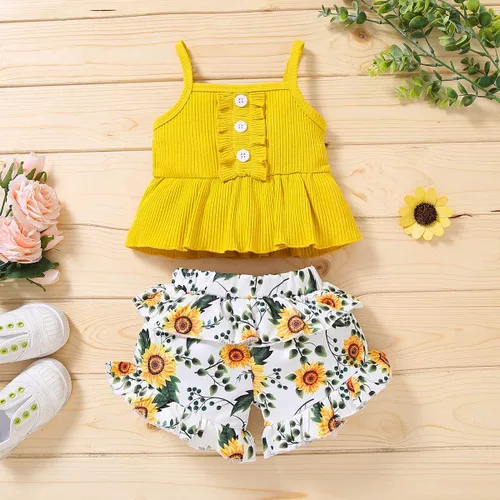 Vista 2 de FYBITBO Conjunto de ropa de 2 piezas para bebés y niñas pequeñas con cuello halter y pantalones cortos florales