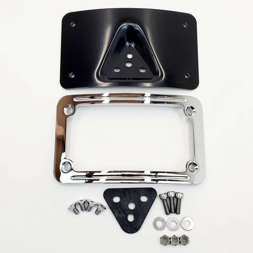 Vista 2 de Marco de matrícula curvado cromado, montaje con placa de montaje de 3 agujeros para modelos Harley, para motocicletas de EE. UU. de 7 x 4 pulgadas