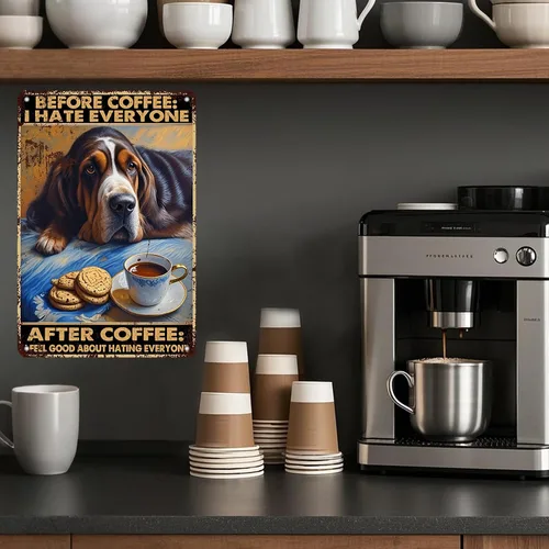 Vista 5 de KIYOYO Basset Hound Dog - Cartel de metal vintage de hound con texto en inglés "Before Coffee After Coffee" (Antes del café después del café)