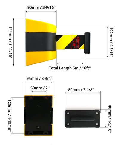 Vista 6 de QWORK Barrera de cinturón retráctil de montaje en pared fija, caja ABS de 16 pies, cinturón de seguridad negro y amarillo con tornillos