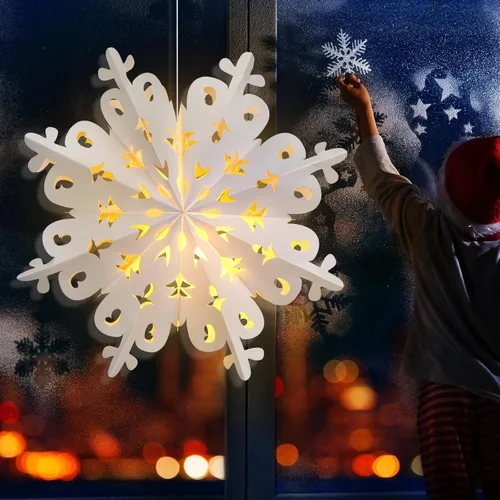 Vista 4 de Mudder 3 linternas de copo de nieve de papel de Navidad con 5 luces LED de 23.6 pulgadas, lámparas colgantes blancas 3D de copo de nieve