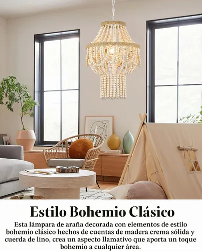 Vista 8 de ELYONA Candelabro grande de madera de abedul con cuentas de 3 luces, 16 pulgadas, estilo bohemio, estilo granja, luz colgante rústica, lámpara