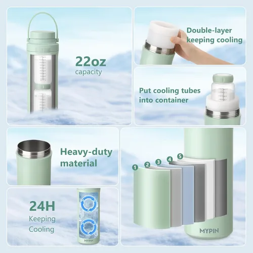 Vista 9 de MYPIN Enfriador portátil de leche materna de 22 onzas para exteriores, tubos de enfriamiento de 360° durante 24 horas con 2 biberones de bebé