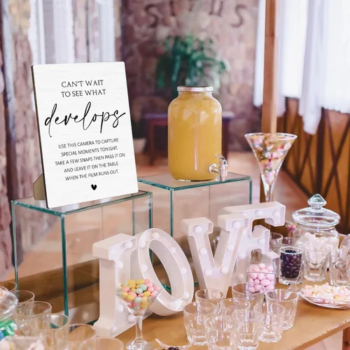 Vista 2 de Letrero de madera con soporte, letrero de mesa de 8 x 11 pulgadas para ceremonia y recepción, letrero de cámara de boda, suministros de decoración