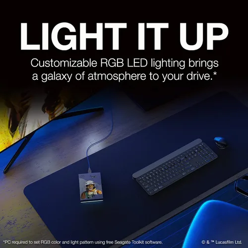 Vista 5 de Seagate Luke Skywalker SE FireCuda - Disco duro externo de 2 TB - USB 32 iluminación LED RGB personalizable azul funciona con PC Mac Playstation
