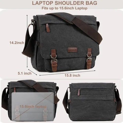 Vista 3 de Bolsa de mensajero de lona para hombres y mujeres, bolsa de viaje para laptop, maletín de negocios de 15.6 pulgadas