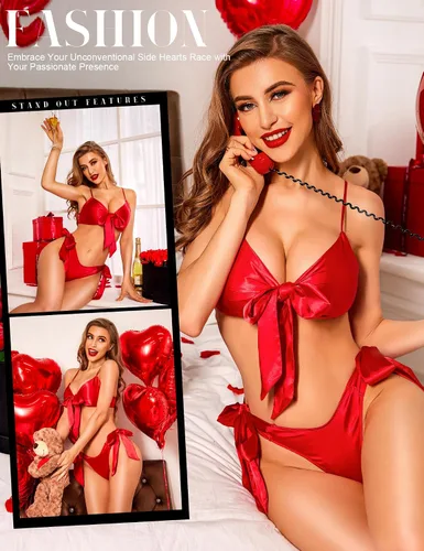 Vista 4 de RSLOVE Conjunto de lencería sexy para mujer, conjunto de sujetador y bragas de satén de 2 piezas