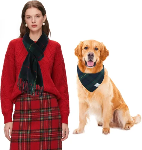Vista 9 de E-Clover Bandanas navideñas para perros, bufanda a juego para el propietario, bufanda a cuadros para perro, baberos con bufandas de tartán, chal