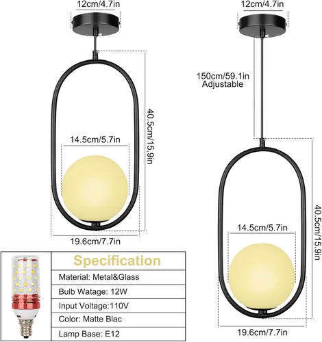 Vista 6 de lobolighting Iluminación colgante moderna, paquete de 2 lámparas colgantes negras de altura ajustable, lámpara de mediados de siglo, globo de vidrio