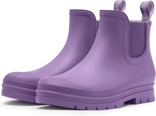 Vista 15 de Planone - Botas cortas de lluvia de ancho amplio para mujer, Chelsea impermeables de moda para mujer, botas de jardín al aire libre mate, botas
