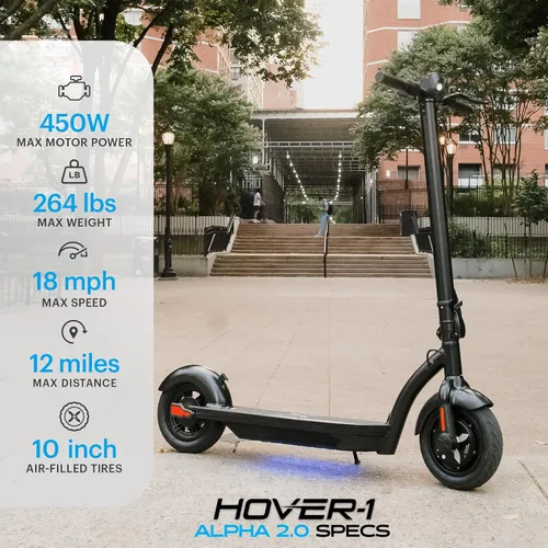 Vista 2 de Hover-1 Alpha 2.0 Foldable Electric Scooter with 450W Brushless Motor, 18 mph Max Speed, 10” Air-Filled Tires and 12 Mile Range
