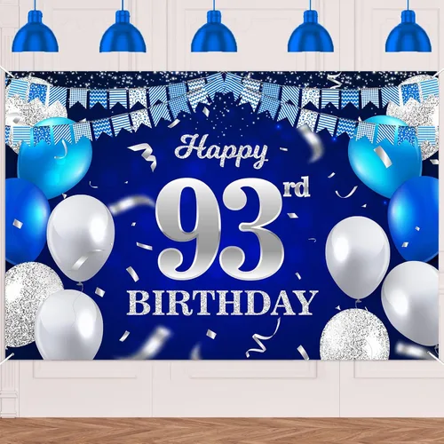 Vista 19 de Bandera de feliz primer cumpleaños con fondo azul marino, globos, confeti, bandera de rayas, luces de puntos, felicitaciones por el tema de 1 año