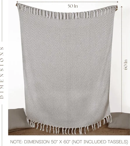Vista 5 de RAJRANG Manta bohemia de algodón, 50 x 60 pulgadas, manta rústica para sofá para decoración de sala de estar, plumas, gris, beige