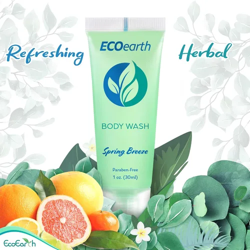 Vista 4 de EcoEarth Gel de baño de tamaño viaje (1 onza líquida, 100 unidades, brisa de primavera), deleita a tus invitados con un gel de baño revitalizante