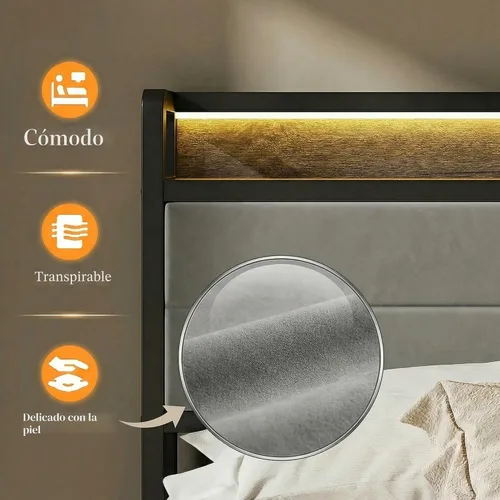 Vista 7 de LIKIMIO - Marco de cama tamaño King con cabecero, luces LED y estación de carga