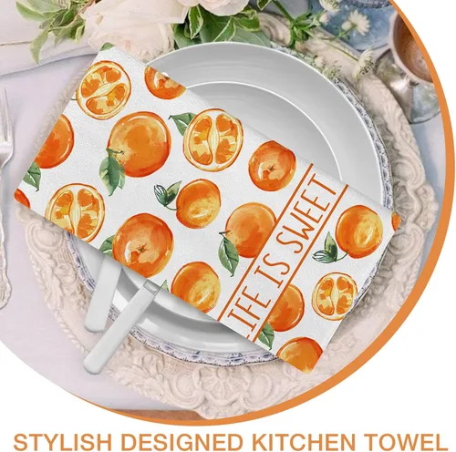 Vista 6 de Seliem Hello Orange - Juego de 2 paños de cocina de primavera y verano, Life is Sweet Mandarina y cítricos, toallas de mano para secar y hornear, a