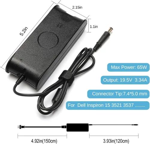 Vista 2 de Adaptador de 19.5V 3.34A 65W Cargador para portátil compatible con Dell Inspiron 15 3521 3537 3531 15R 5521 5537 17 3721 5748 17R 5737 5721 14 3421