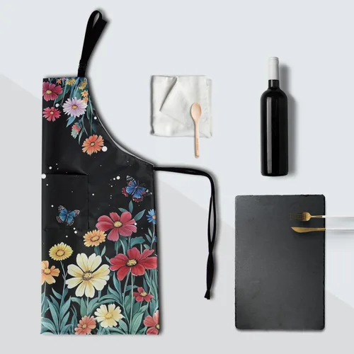 Vista 5 de Kawani Delantal adulto con bolsillos, delantal de cocina de chef Negro Floral