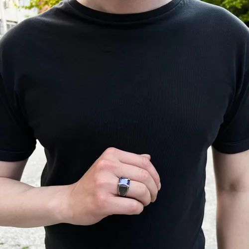 Vista 3 de Anillo de plata de ley 925 con piedra de amatista para hombre