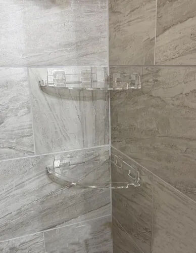 Vista 2 de JiePai Estante esquinero de acrílico para ducha con ganchos, paquete de 2, organizador adhesivo de ducha de baño montado en la pared