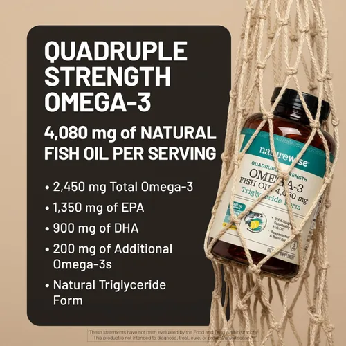 Vista 5 de NatureWise Aceite de pescado Omega 3 de fuerza cuádruple, 4080 mg, forma natural TG + capturado en estado salvaje, 2450 mg Omega 3 + 1350 mg EPA 900