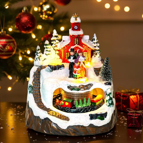 Vista 6 de MXwcy Decoración animada de pueblo navideño – Coro de iglesia iluminado y tren en movimiento en montaña nevada – Centro de mesa de estatua