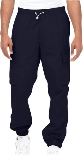Vista 21 de Aymnlox Pantalones cargo para hombre, holgados, grandes y altos, de lino, con cordón, casual, senderismo, atlético, recto, con bolsillo #A01-Negro