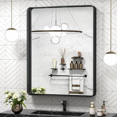 Vista 12 de TokeShimi Espejo de pared de baño de níquel cepillado de 20 x 30 pulgadas, marco de metal, esquina redonda, rectangular, para decoración del hogar