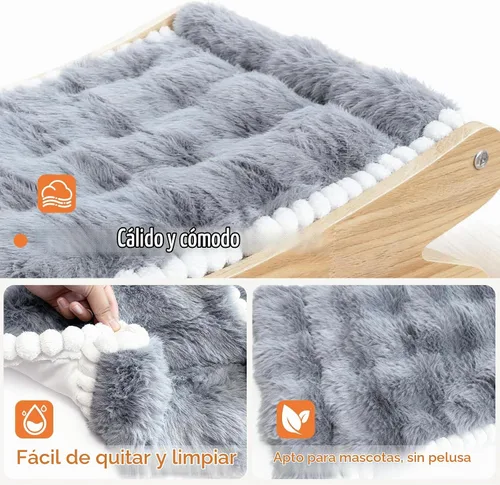 Vista 5 de Cama elevada de felpa para gatos, acogedora hamaca elevada para gatos con marco de madera maciza, cojín suave y peludo para gatos