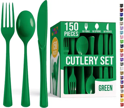 Vista 8 de Party Solids Cubiertos de plástico negro resistente, 150 piezas, cubiertos desechables negros, juegos de utensilios, 50 de cada tenedor, cuchillos
