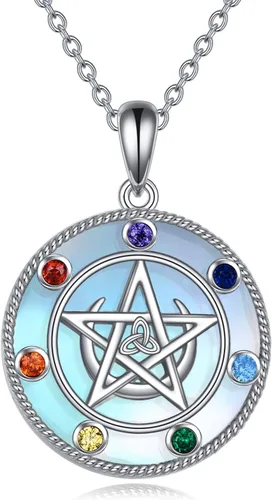 Vista 32 de LUHE Collar de plata de ley con dije de pentagrama de chakras y luna, pentáculo, celta, pagano, wiccano, amuleto mágico para mujeres, adolescentes