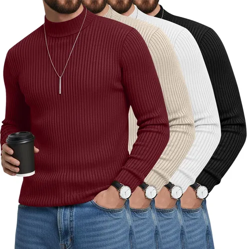 Vista 17 de Paquete de 4 Camisetas de Cuello Alto Simulado para Hombre de Algodón de Punto Acanalado de Manga Larga Pullover Ajustado Casual Suéteres Básicas