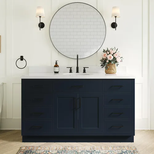 Vista 25 de ARIEL Hepburn - Tocador de baño de 30 pulgadas con fregadero, madera maciza, encimera y protector contra salpicaduras de cuarzo blanco puro de 1.5