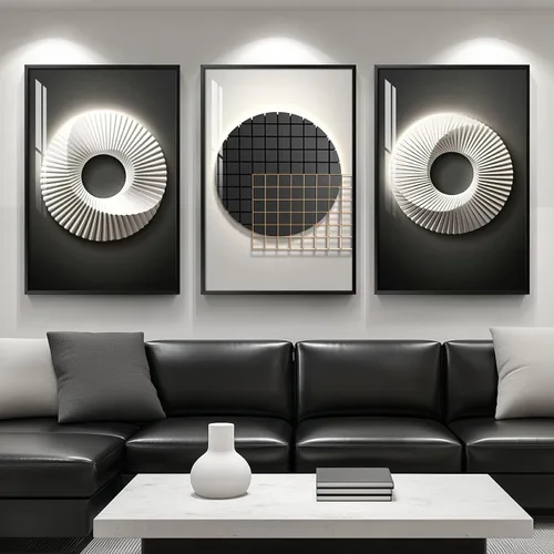 Vista 12 de Juego de arte moderno enmarcado de 3 piezas, arte abstracto de líneas geométricas en blanco y negro, pinturas artísticas de lujo contemporáneas